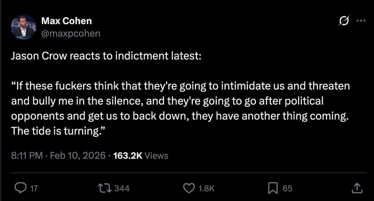 Max Cohen tweet: Jason Crow reacts to indictment latest:  “If these fuckers think that they're going to intimidate us and threaten and bully me in the silence, and they're going to go after political opponents and get us to back down, they have another thing coming. The tide is turning.”