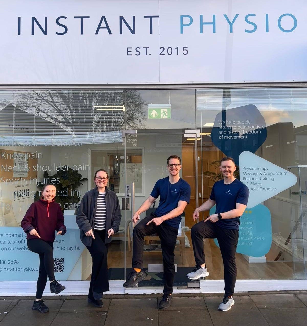 May be an image of 4 people and text that says "INSTANT PHYSIO EST. EST.2015 2015 见 engactive beinga active help people frecdom ofmovement Kneepain Neck& Neg shoulder ck&shoulderpai pain Sportsinjuries sparts 老配 ies MASSAGE PenAcupuncture Personal e Training Physiotherapy Massage& cupuncture poke Onthotics informatic ual on ourweb our webs ean intosayh. 88 8 2698 instantphysio.co sphere"