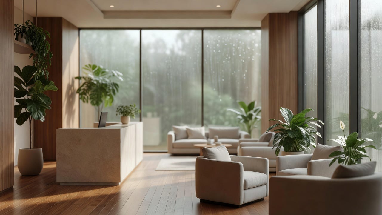 Upscale massage-spa reception and lounge on a humid summer day — the front-of-house zone served by RTU-2. Upscale massage-spa reception and lounge on a humid summer day — the front-of-house zone served by RTU-2.