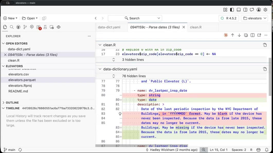 Demo: a git diff for the commit "Parse dates" — the dv_lastper_insp_date column in the data dictionary changes from type: string to type: date Demo: a git diff for the commit "Parse dates" — the dv_lastper_insp_date column in the data dictionary changes from type: string to type: date