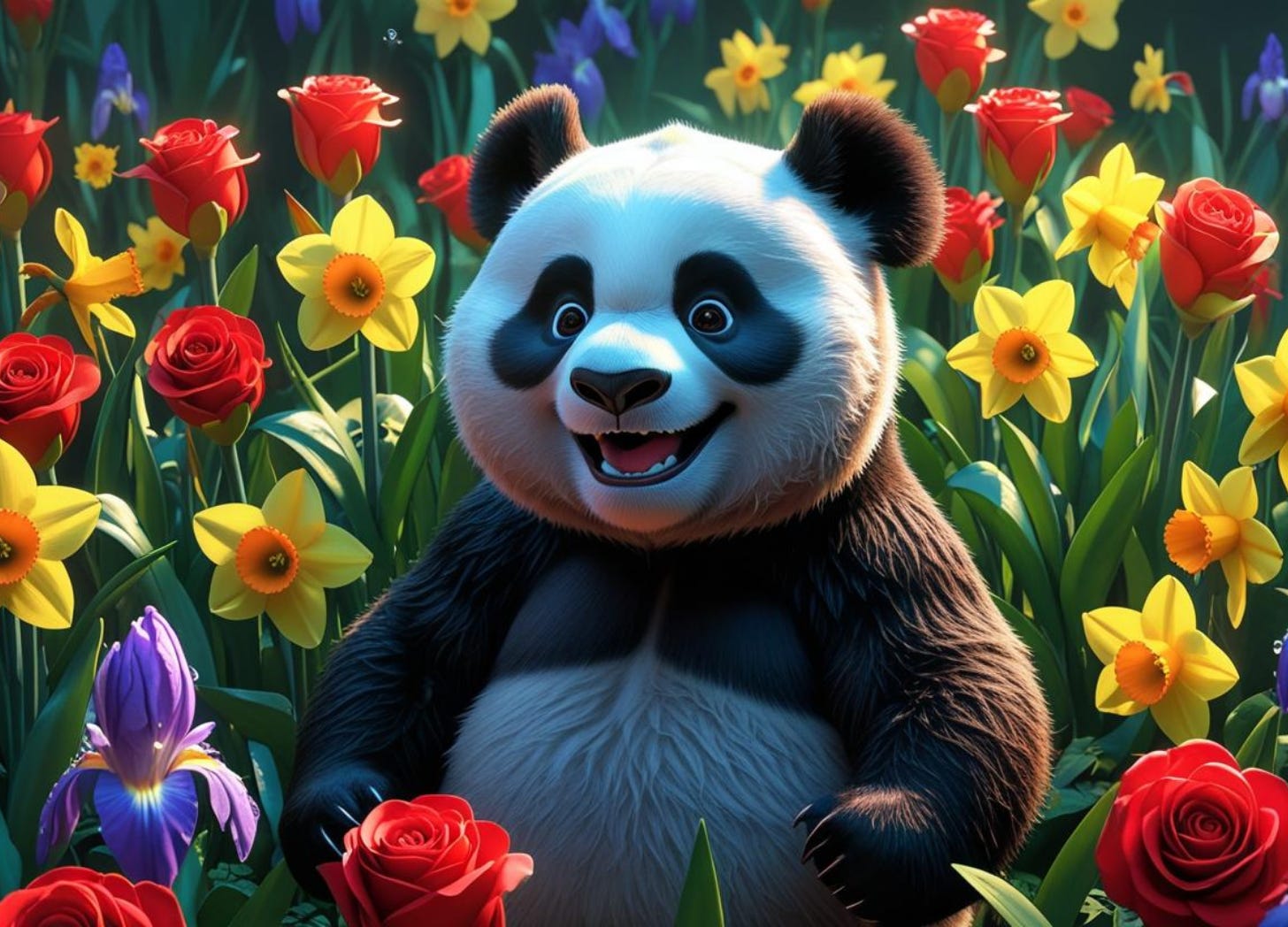 illustration of a happy cartoon panda standing in a flower garden with bright colorful flowers