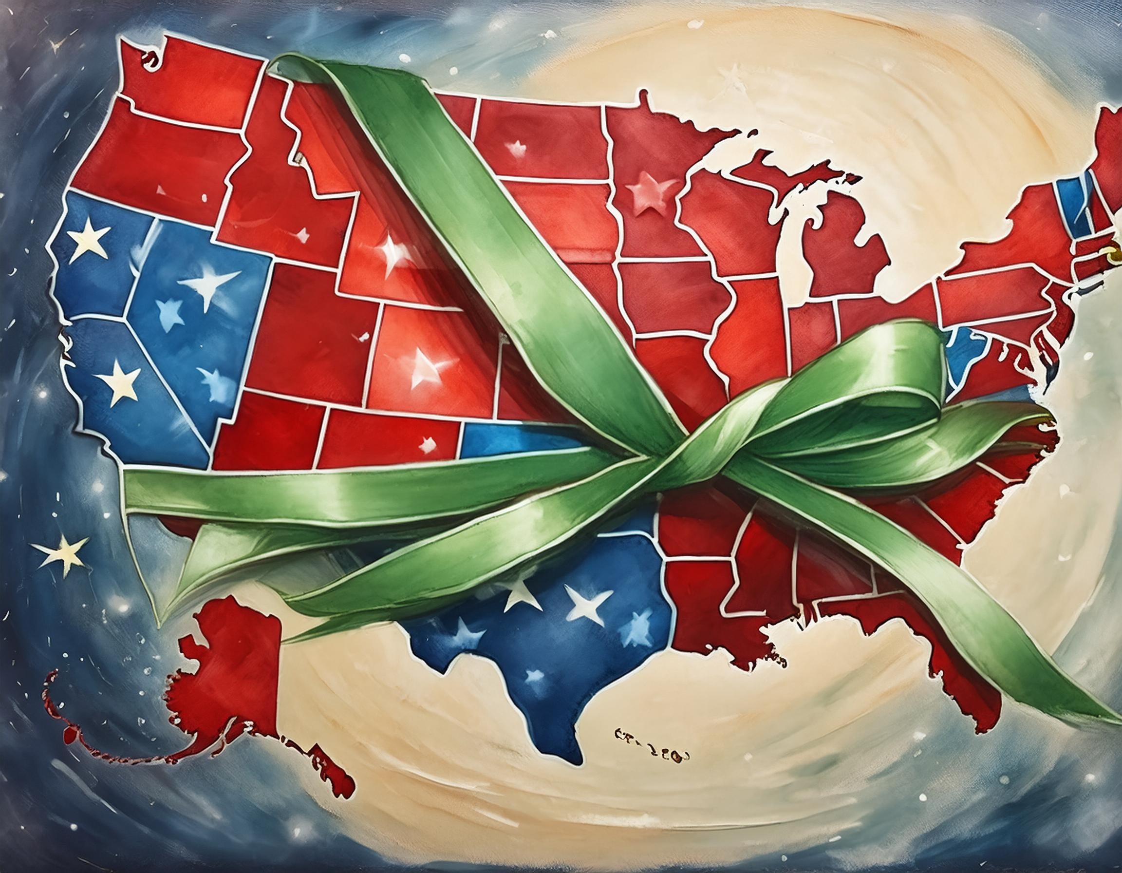 map of the united states where the map is red, white and blue, with a big green ribbon tied around the land