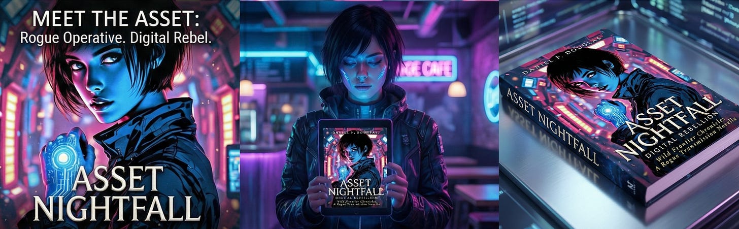 Meet the Asset: A triptych banner showing the protagonist of Asset Nightfall: Digital Rebellion in three panels, featuring a close-up with glowing cybernetic wrist device, reading the book on a tablet in a neon-lit space station cafe, and a physical book mockup.