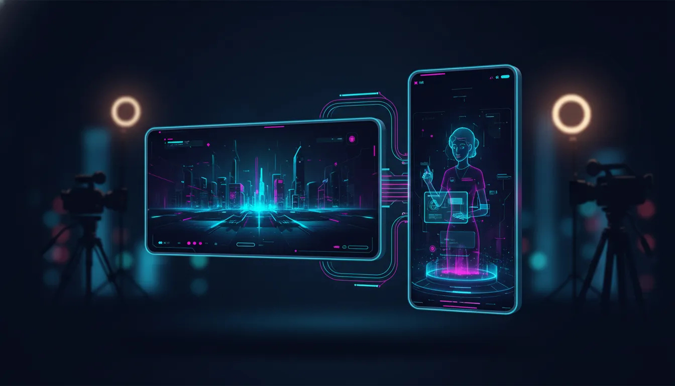 Futuristic illustration showing dual-aspect livestreams with connected wide and tall video frames flowing from a single production, cinematic and text-free.