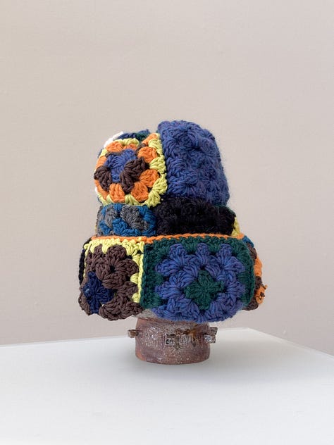 Blue and orange granny crochet patchwork beanie