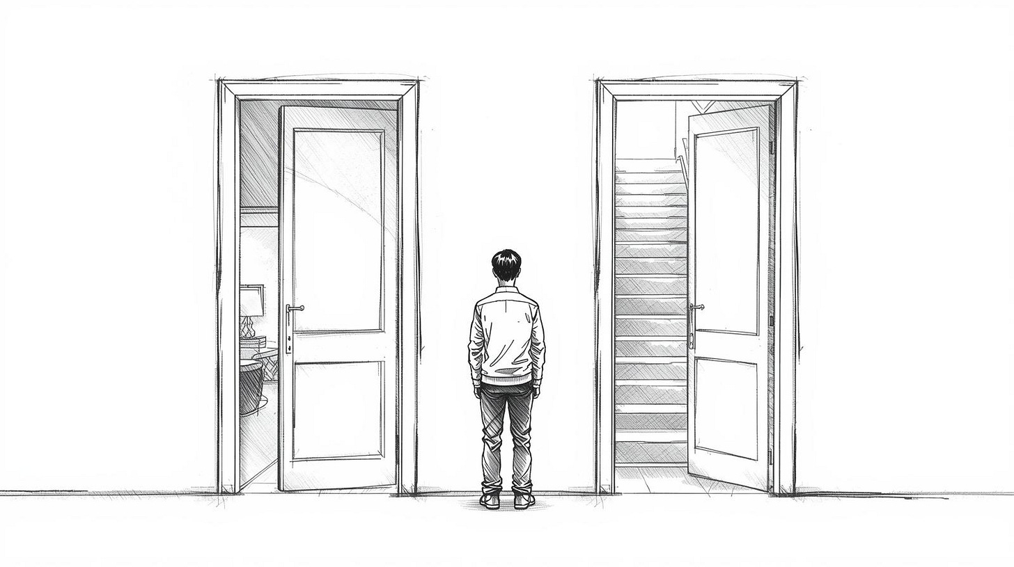 Two doors, one familiar room, one descending staircase, figure choosing the easier door