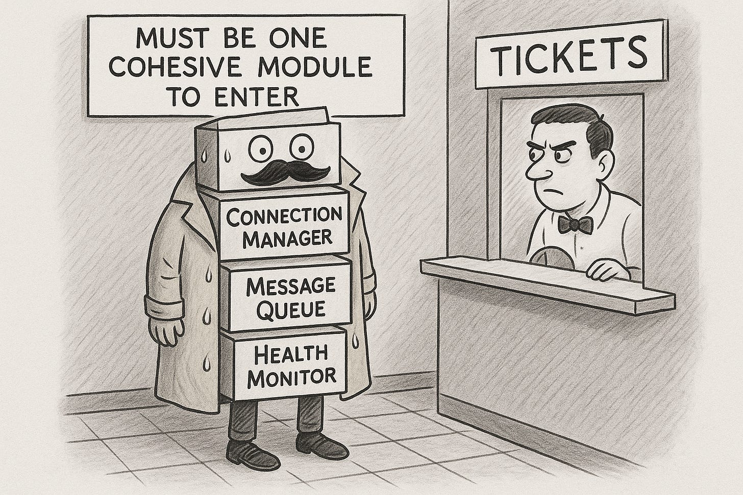 "Cartoon illustration of three stacked libraries wearing a single long trench coat at a movie theater ticket counter. The top one labeled 'Connection Manager' has a fake mustache, middle one labeled 'Message Queue' is the torso, bottom one labeled 'Health Monitor' is doing the legs. They're sweating nervously. The ticket seller behind the counter looks suspicious. Sign above reads 'MUST BE ONE COHESIVE MODULE TO ENTER'. Style: New Yorker cartoon meets tech documentation diagrams."