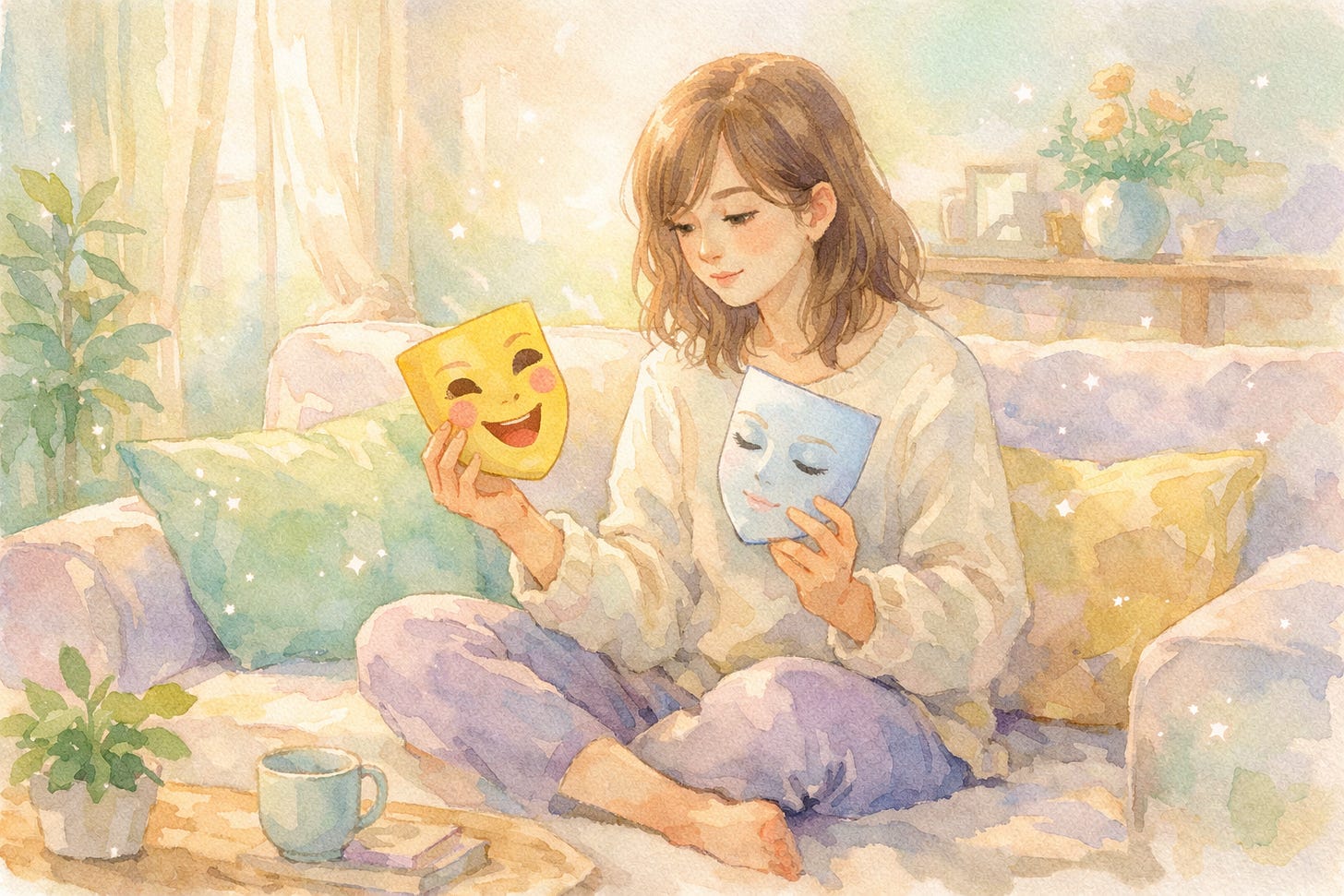따뜻한 거실 햇살 아래에서 자신의 두 가지 내면(사회적 모습과 본연의 모습)을 상징하는 마스크를 들고 생각에 잠긴 여성의 수채화 일러스트. 사주 MBTI를 통한 자아 탐구의 과정을 표현합니다.