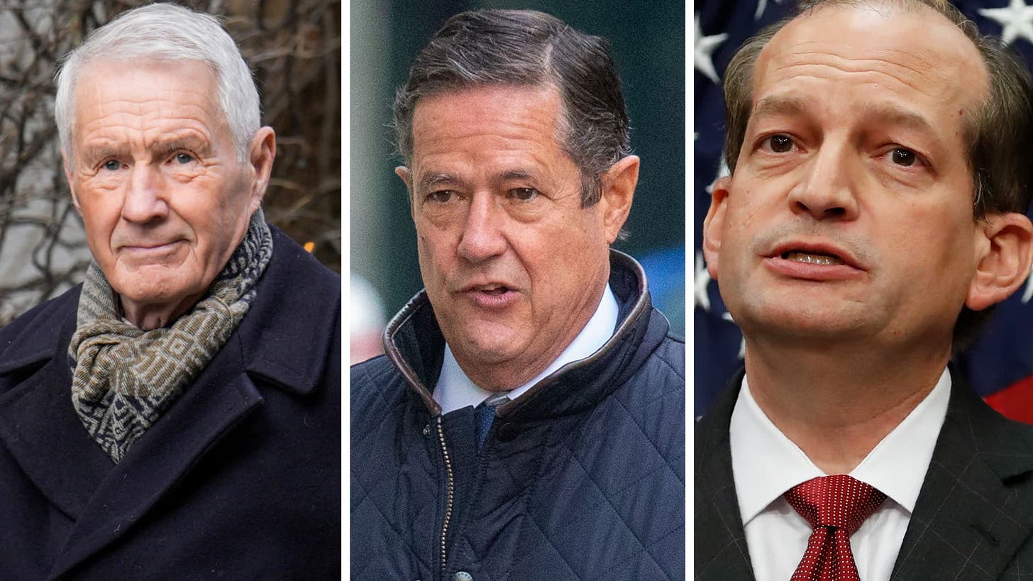 Thorbjørn Jagland (L), Jes Staley (C), Alex Acosta (R)
