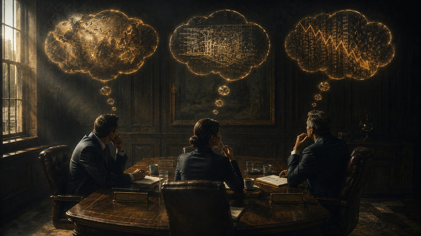 Three executives sit around a polished boardroom table in a dim, wood-panelled meeting room. Above each person floats a softly glowing thought bubble containing a different vision: one an intricate map, one a detailed architectural blueprint, and one a downward financial chart. The luminous bubbles drift in subtly different directions rather than toward one another, while warm light from a single window rakes across the table, highlighting the contrast between shared space and separate mental worlds. Three executives sit around a polished boardroom table in a dim, wood-panelled meeting room. Above each person floats a softly glowing thought bubble containing a different vision: one an intricate map, one a detailed architectural blueprint, and one a downward financial chart. The luminous bubbles drift in subtly different directions rather than toward one another, while warm light from a single window rakes across the table, highlighting the contrast between shared space and separate mental worlds.