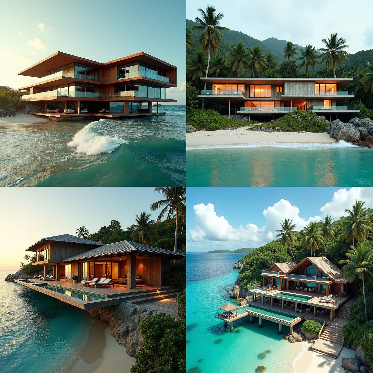 Vast, modern, one-story Jamaican timber home, 10 bedrooms wide, with expansive glass windows, cantilevered platforms, and gleaming glass pools, seamlessly integrated into the beachside landscape of Portland, Jamaica. Weathered wooden accents and lush greenery blend harmoniously with the structure, as warm, golden light dances across the facade.