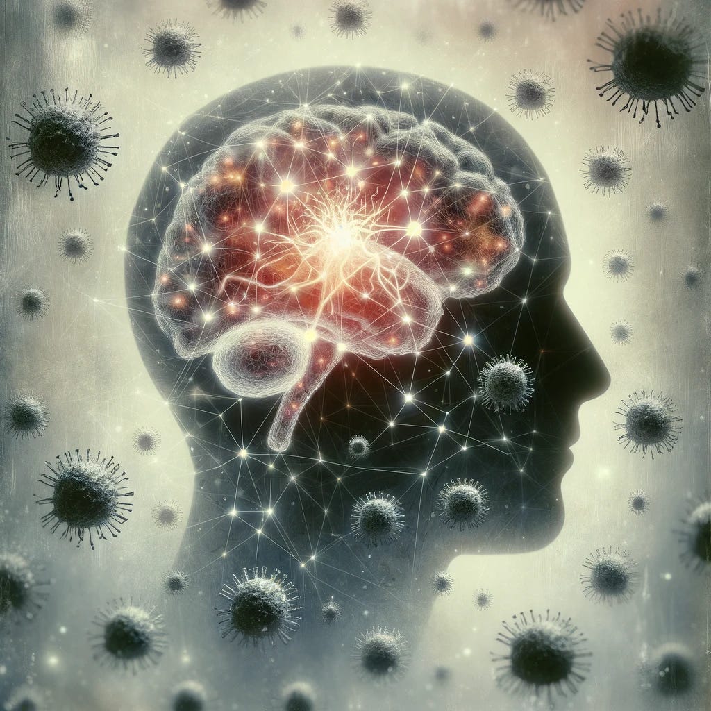 An abstract representation of the concept of the brain being affected by viruses, with visual metaphors such as a silhouette of a human head containing a network of neurons intertwined with abstract virus-like shapes. The background is soft and ethereal, symbolizing the invisible threat of the virus and the delicate nature of mental health. The image is devoid of any text or numbers, focusing solely on the visual representation of the connection between viral infections and cognitive decline.