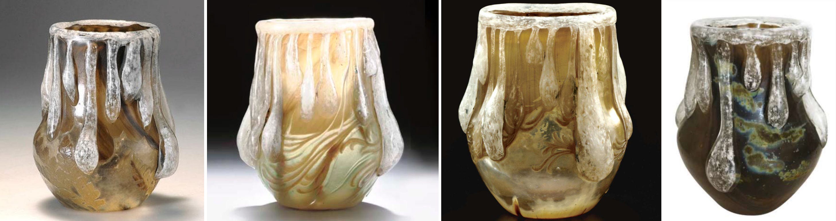 Four specimens of the Écume de mer vase, from left to right: Quittenbaum 28.04.2009 lot 135 ; Christie's 23.03.2006 lot 123 ; Sotheby's 02.04.2008 lot 125 (the same as Christie's ?) ; ex Marcilhac collection, Besch 30.10.2016 lot 139. Four specimens of the Écume de mer vase, from left to right: Quittenbaum 28.04.2009 lot 135 ; Christie's 23.03.2006 lot 123 ; Sotheby's 02.04.2008 lot 125 (the same as Christie's ?) ; ex Marcilhac collection, Besch 30.10.2016 lot 139.