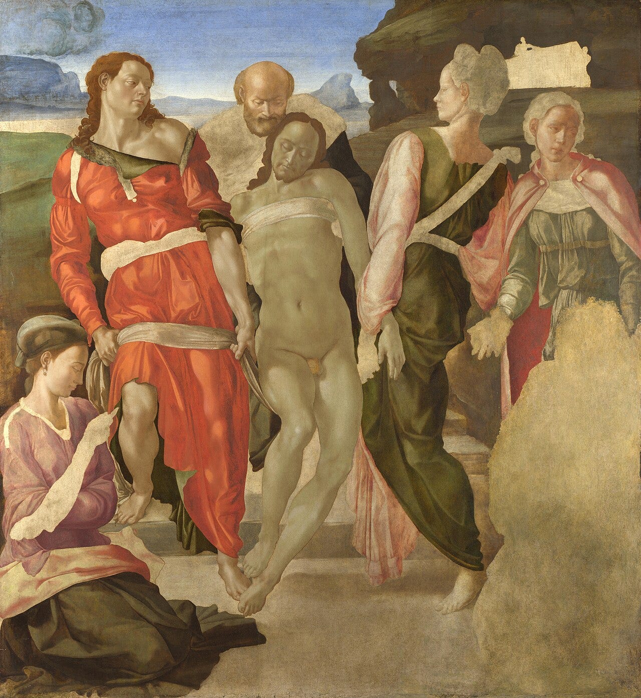 Michelangelo unfinished Entombment showing underpainting
