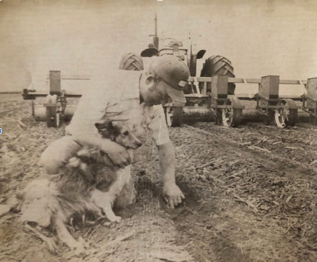 A man kneels onto a field with his dog. A tractor is in the background.