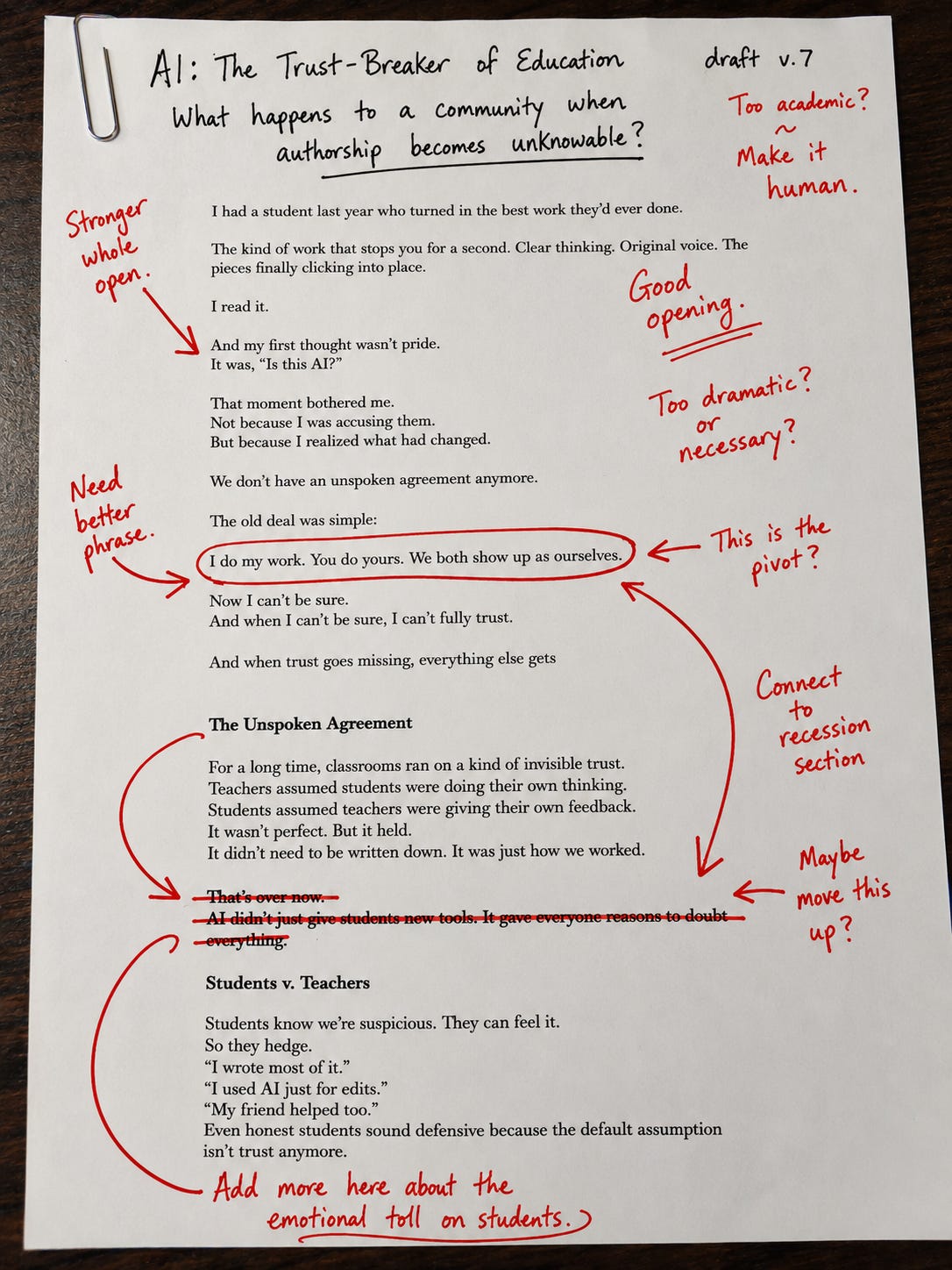 Printed article draft covered with bold red handwritten edits, crossed-out passages, circles, and arrows beneath a handwritten title. Printed article draft covered with bold red handwritten edits, crossed-out passages, circles, and arrows beneath a handwritten title.
