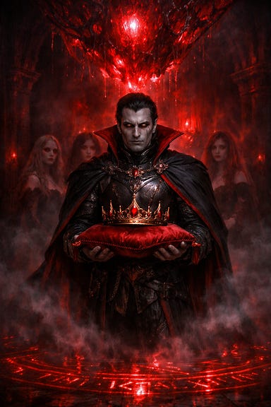 Strahd in the Heart landing holding a crimson pillow bearing the Crown of Night, framed by the pulsing crimson glow of the Heart of Sorrow, runes reflecting blood-red light on his armor, Brides lingering in the gloom
