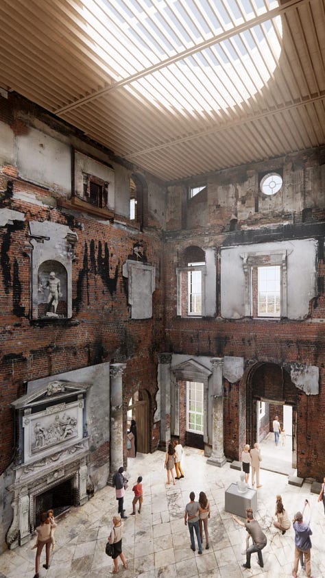 Clandon Park, Surrey. As it was before and after the fire, and the National Trust's 'vision' for its future. (National Trust Images)