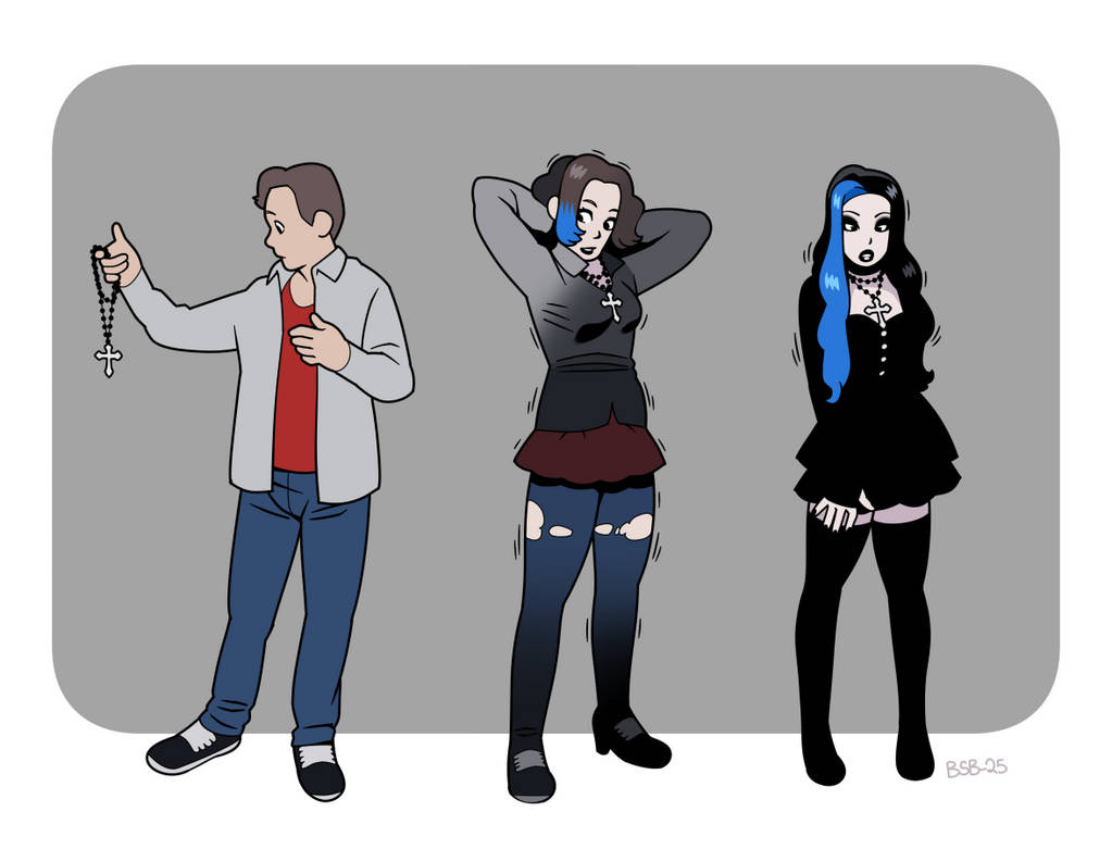 A three-figure transformation sequence. A brunette man in a red shirt looks at a rosary in his hand. In the second image, he puts it on, and his body and clothes are visibly transforming. In the third figure, on the right, a goth-styled woman with black and blue hair and a black dress looks a bit surprised.