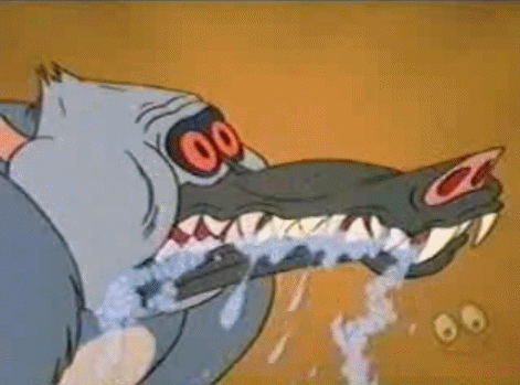 a cartoon shark is eating something with its mouth open and water is coming out of it 's mouth .