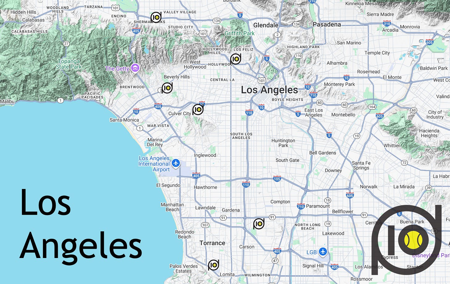 Map showing padel clubs in Los Angeles area