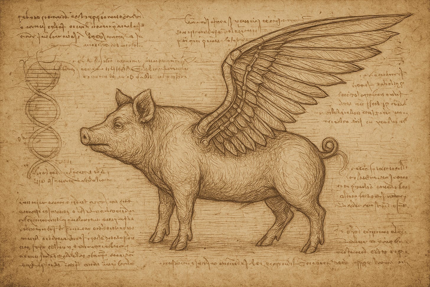 Ink drawing of a pig fitted with Da Vinci-style mechanical wings, annotated like a Renaissance invention
