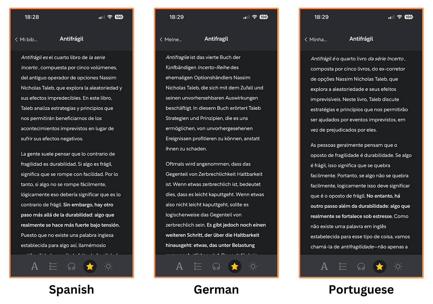 Shortform's languages for the book Antifragile (mobile app + dark mode)