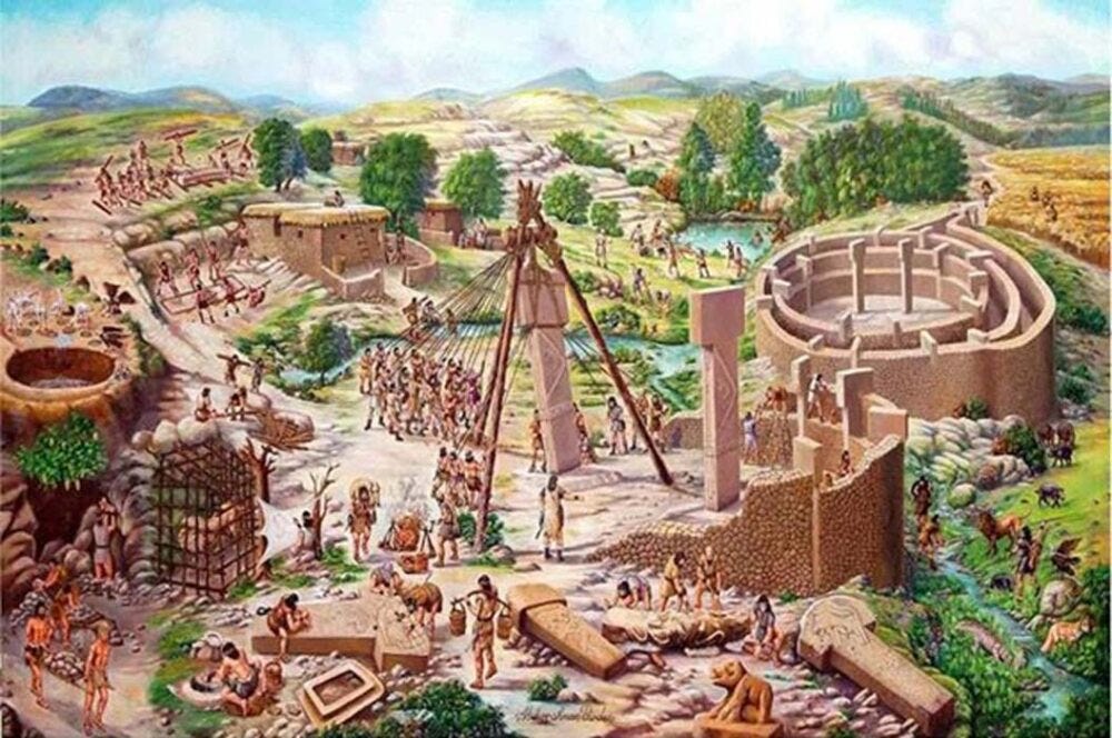 Possible artistic colored drawing of Gobekli Tepe, an ancient proto-city. It depicts dozens of people building the city by hand and putting together the iconic 'T' shaped pillars the site is now known for.