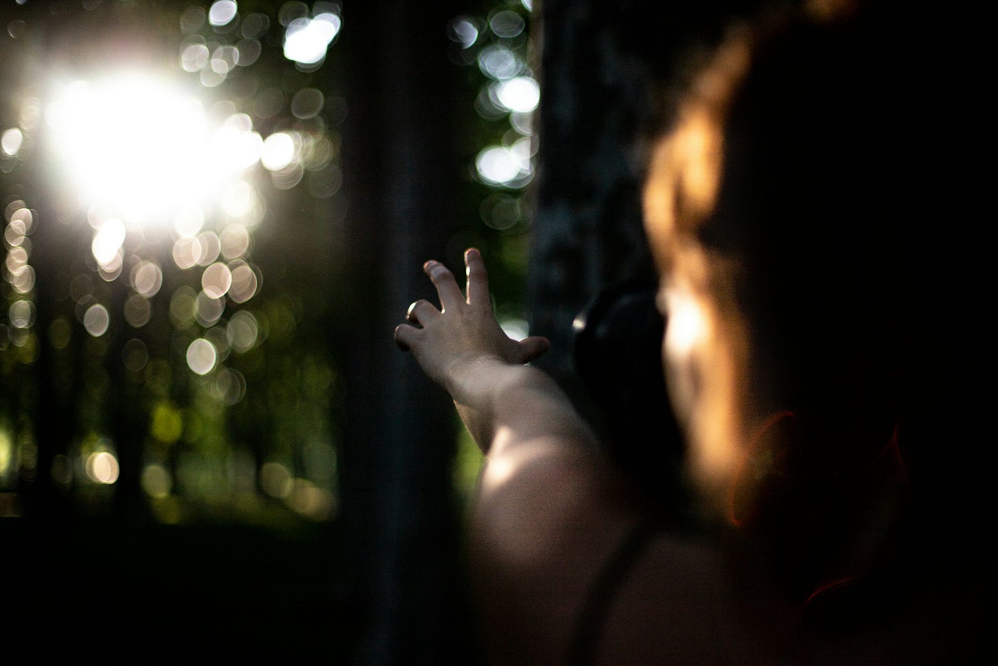 Ripresa sfocata di una figura umana femminile che protende il braccio sinistro in avanti, in mezzo a un bosco, puntando verso una fonte luminosa che sta sullo sfondo in alto a sinistra. Ripresa sfocata di una figura umana femminile che protende il braccio sinistro in avanti, in mezzo a un bosco, puntando verso una fonte luminosa che sta sullo sfondo in alto a sinistra.