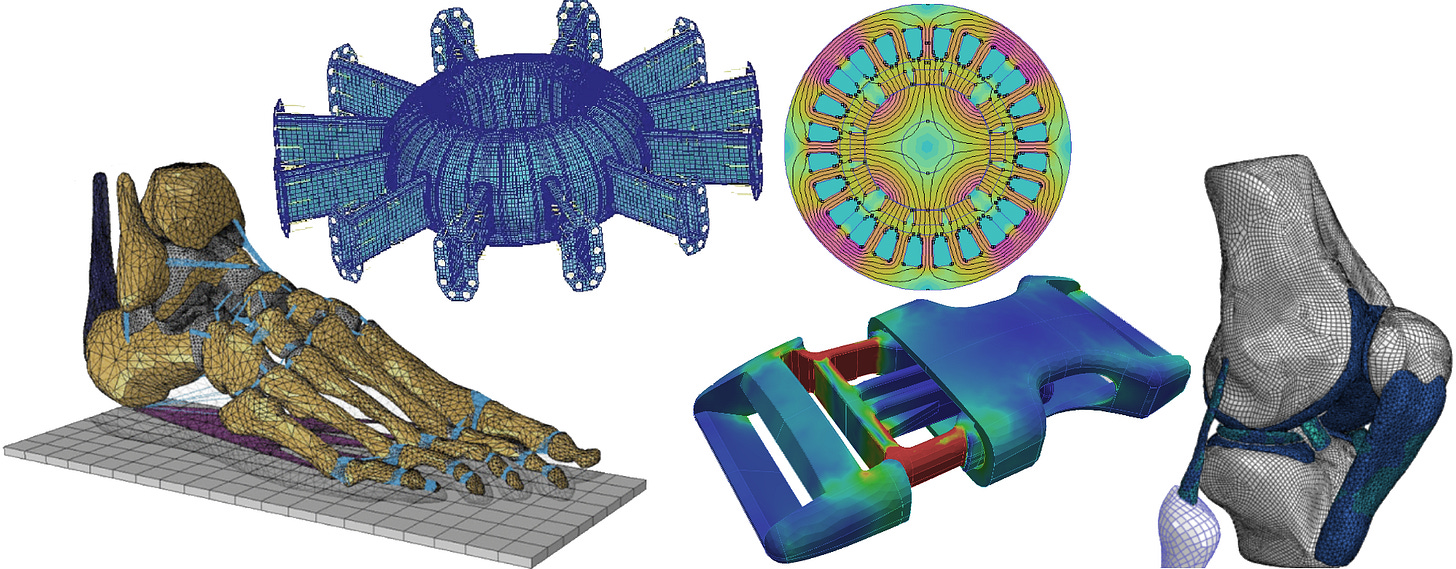 Image credits: | Plasma chamber: Cucchiaro et al, "Ignitor Plasma Chamber, First Wall and Remote Handling maintenance", Fusion Engineering 2005 | Motor: Janos et al, "Experimental investigation of the temperature dependence of the air-gap flux density in a permanent magnet synchronous machine", Science in Practice 2018 | Knee: https://commons.wikimedia.org/wiki/File:Human_knee_joint_FE_model.png | Foot: https://link.springer.com/article/10.1007/s10237-017-0978-3 | Snap fastener: https://commons.wikimedia.org/wiki/File:NonlinearStaticAnalysisSnapFit.png Image credits: | Plasma chamber: Cucchiaro et al, "Ignitor Plasma Chamber, First Wall and Remote Handling maintenance", Fusion Engineering 2005 | Motor: Janos et al, "Experimental investigation of the temperature dependence of the air-gap flux density in a permanent magnet synchronous machine", Science in Practice 2018 | Knee: https://commons.wikimedia.org/wiki/File:Human_knee_joint_FE_model.png | Foot: https://link.springer.com/article/10.1007/s10237-017-0978-3 | Snap fastener: https://commons.wikimedia.org/wiki/File:NonlinearStaticAnalysisSnapFit.png