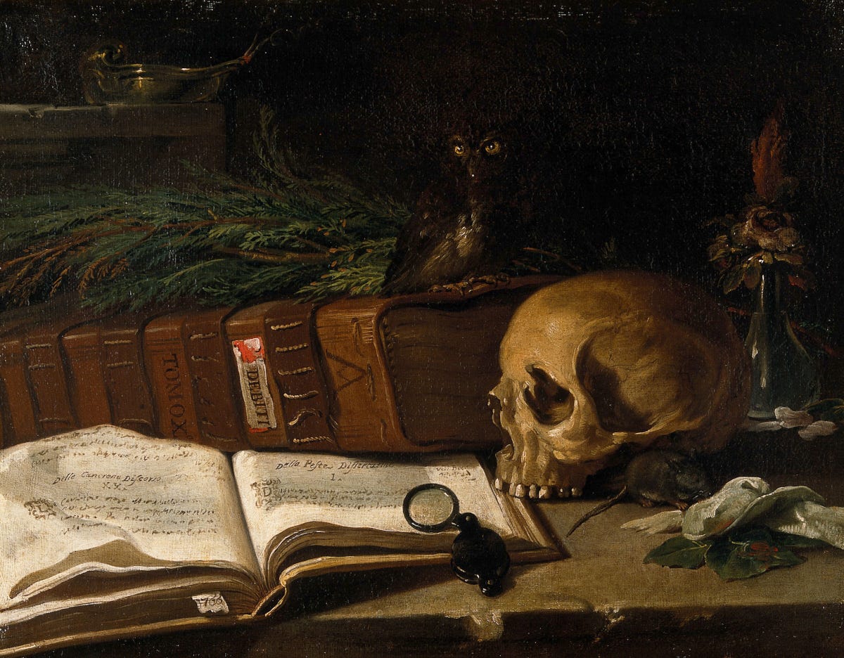 The painting shows objects which are in different ways reminders of death and transience. It can be called a "Vanitas" painting. Left, a huge ledger, inscribed "Debiti Tomo X" (Debts, volume 10), lying on its front cover. On top of it are ferns and an owl. It rests on an open medical manuscript, in which chapters on cancer and plague are visible. A magnifying glass rests on the manuscript. Right, a human skull, a rat, and a glass vase containing flowers. Far left, an oil lamp on a ledge. A tab inscribed "1766" protrudes from the pages of the medical manuscript