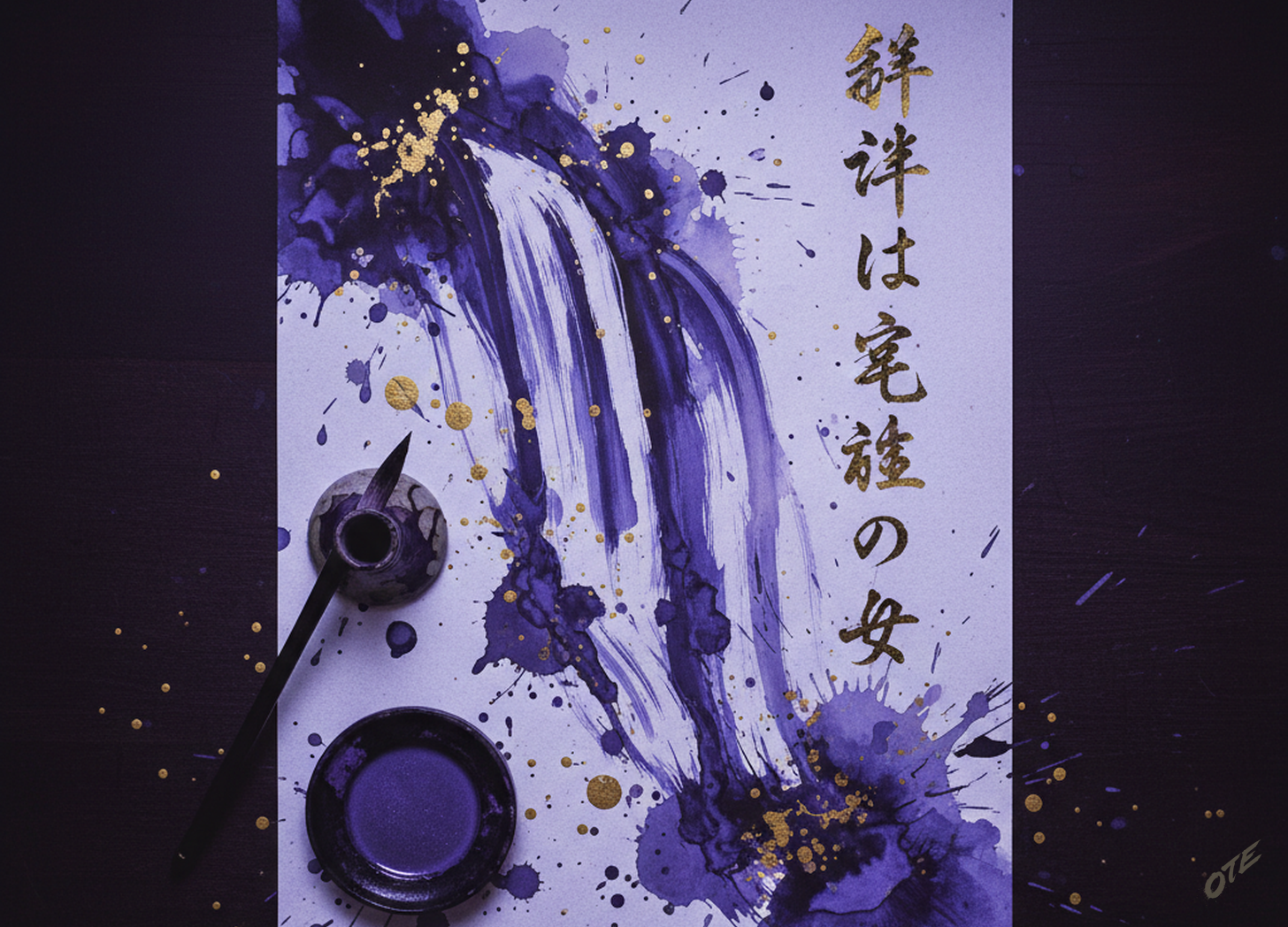 Hero — ink wash over a calligraphy table, OTE seal in gold