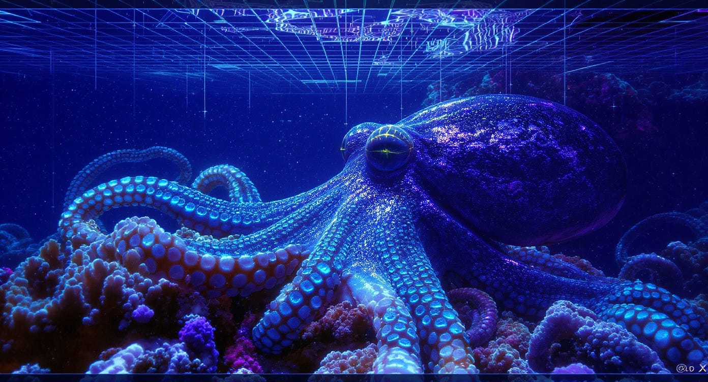 Octopus using multiple arms simultaneously for complex problem-solving