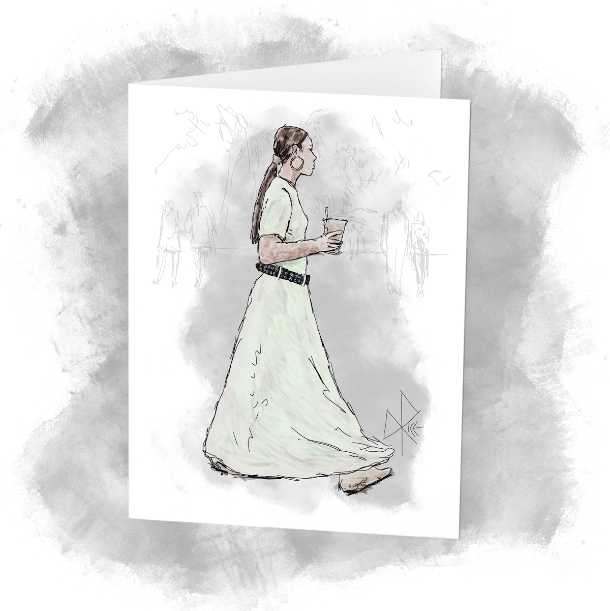 The ankle-length dress of a young woman billows out she walks briskly through a public square, holding an iced drink in one hand. Sketch art by Don Rice. The ankle-length dress of a young woman billows out she walks briskly through a public square, holding an iced drink in one hand. Sketch art by Don Rice.