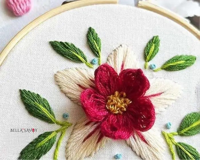 3D flower with red popcorn lazy daisy stitch petals