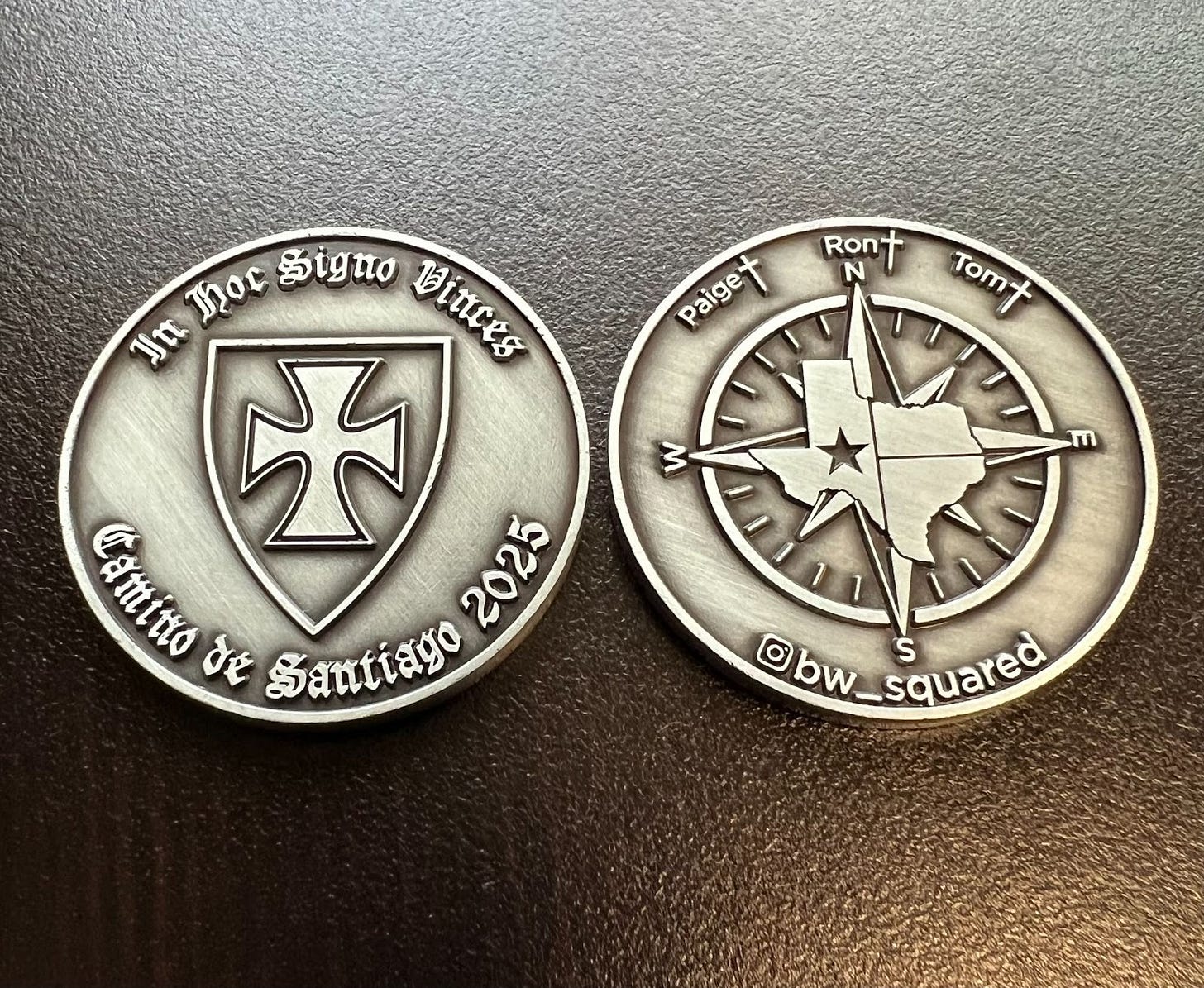 Brad’s personalized–and very Texan!--medallion is a tangible reminder of why he’s on the Camino. Brad’s personalized–and very Texan!--medallion is a tangible reminder of why he’s on the Camino.