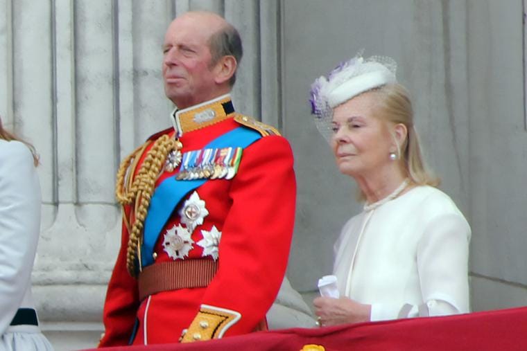 The Duke and Duchess of Kent stand on a balcony at Buckingham Palace during the annual Trooping the Colour Ceremony on June 15, 2013 in London.
The Duke and Duchess of Kent stand on a balcony at Buckingham Palace during the annual Trooping the Colour Ceremony on June 15, 2013 in London.