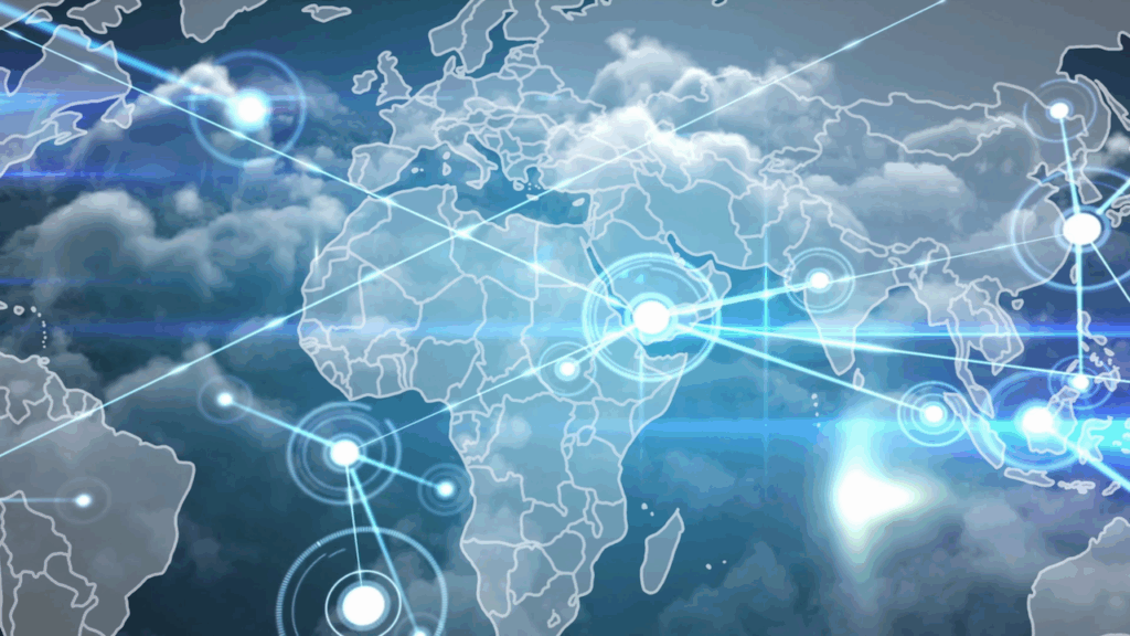 A digital illustration of a world map overlaid on a cloudy sky, featuring glowing nodes and connecting lines, symbolizing global networks and communication.