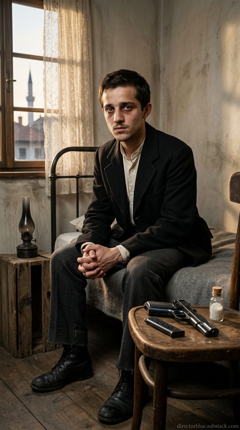 same historic subject new scene from earlier in the day  9x16 format - Historical photographic recreation of a documented scene from June 28 1914 Sarajevo Bosnia-Herzegovina Austro-Hungarian Empire  the assassin Gavrilo Princip in his lodgin_image_1