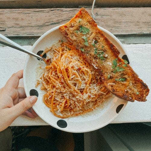 Tomato Anchovy Bucatini (pg. 153, DI) and Anchovy Garlic Toast (pg. 73, NF)