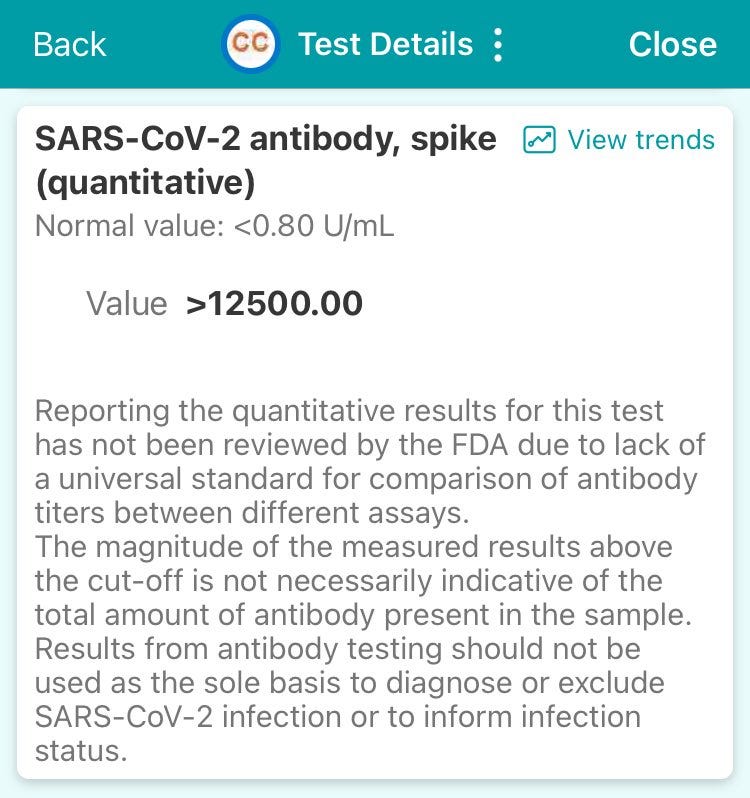 Screenshot of lab results of SARS-CoV-2 IgG (quantitative) - value says >12,500 U/mL