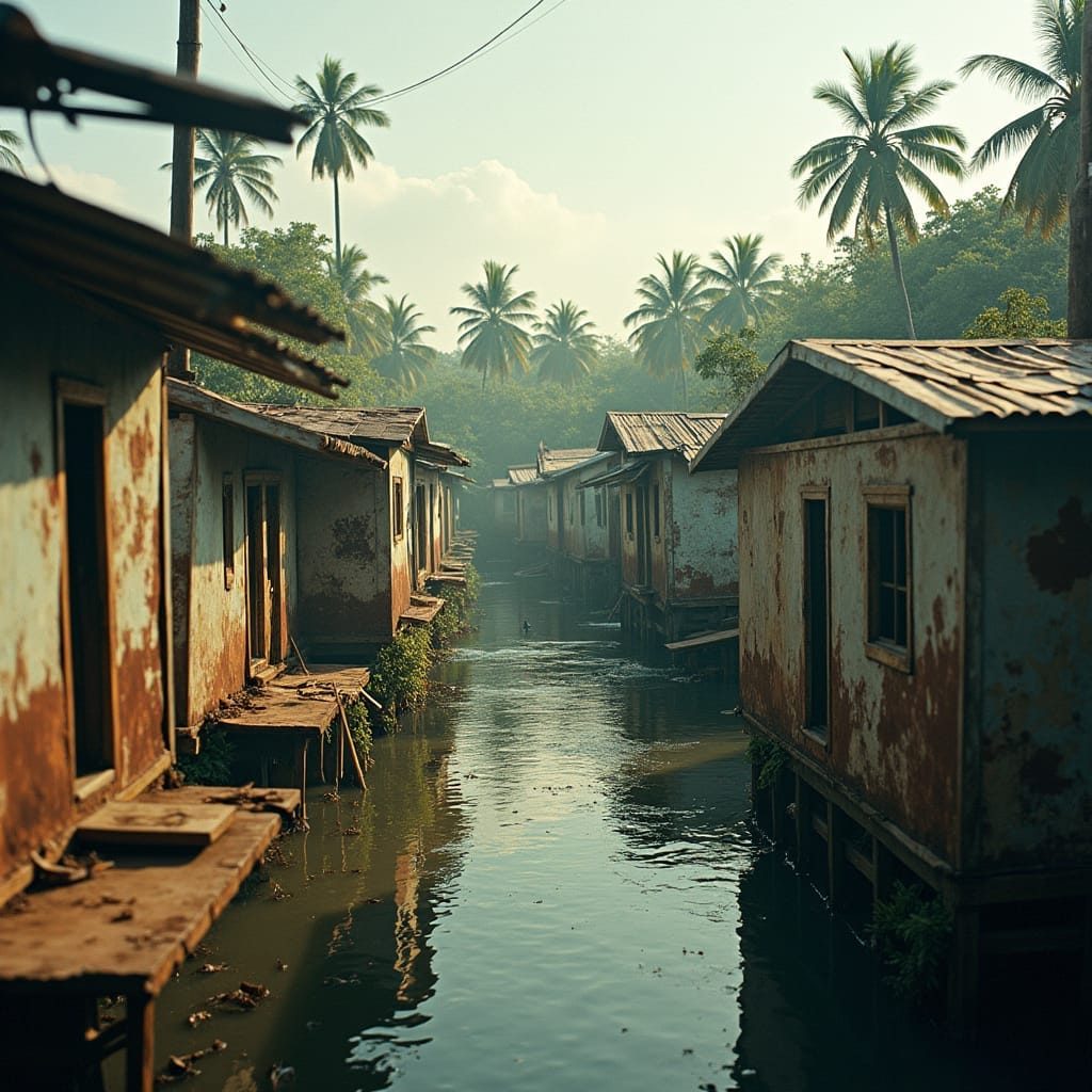 Dilapidated zinc homes and 100 ply board shacks, weathered and worn, precariously perched on the banks of a slow-moving river in a Jamaican ghetto, with torn and rusty zinc roofs scattered amidst the ramshackle dwellings.