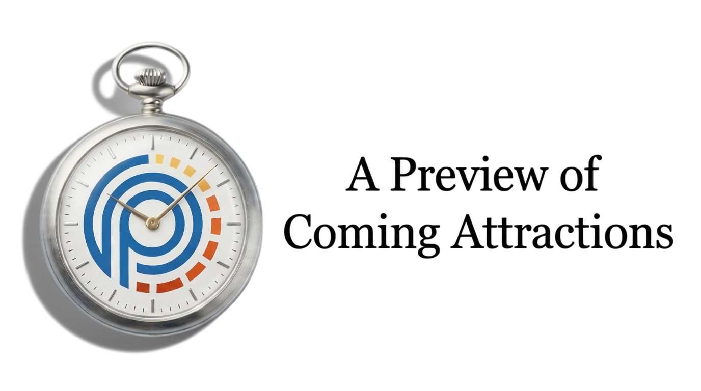 The Perihelion Moment pocket watch, its face carrying the blue, red, orange, and yellow Perihelion Strategies logo, beside the words: A Preview of Coming Attractions.