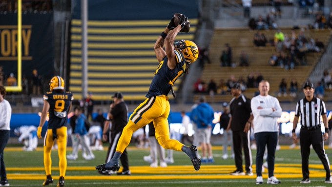 A football player in a navy blue and yellow uniform with number 6 on the jersey, holding a football, standing on a field. Another player in a similar uniform with number 3 is leaping to catch a ball. Coaches and referees are visible on the field, with a stadium and stands in the background. A football player in a navy blue and yellow uniform with number 6 on the jersey, holding a football, standing on a field. Another player in a similar uniform with number 3 is leaping to catch a ball. Coaches and referees are visible on the field, with a stadium and stands in the background.