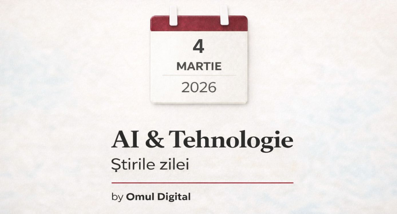 Banner editorial pentru rubrica AI & Tehnologie – Știrile zilei, cu un calendar minimalist ce afișează data curentă și branding Omul Digital, pe fundal deschis, curat. Banner editorial pentru rubrica AI & Tehnologie – Știrile zilei, cu un calendar minimalist ce afișează data curentă și branding Omul Digital, pe fundal deschis, curat.