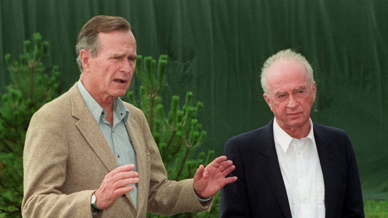 Israelli Prime Minister Yitzhak Rabin and President Bush speak to the press at Bush's seaside retreat in Kennebunkport, August, 10, 1992