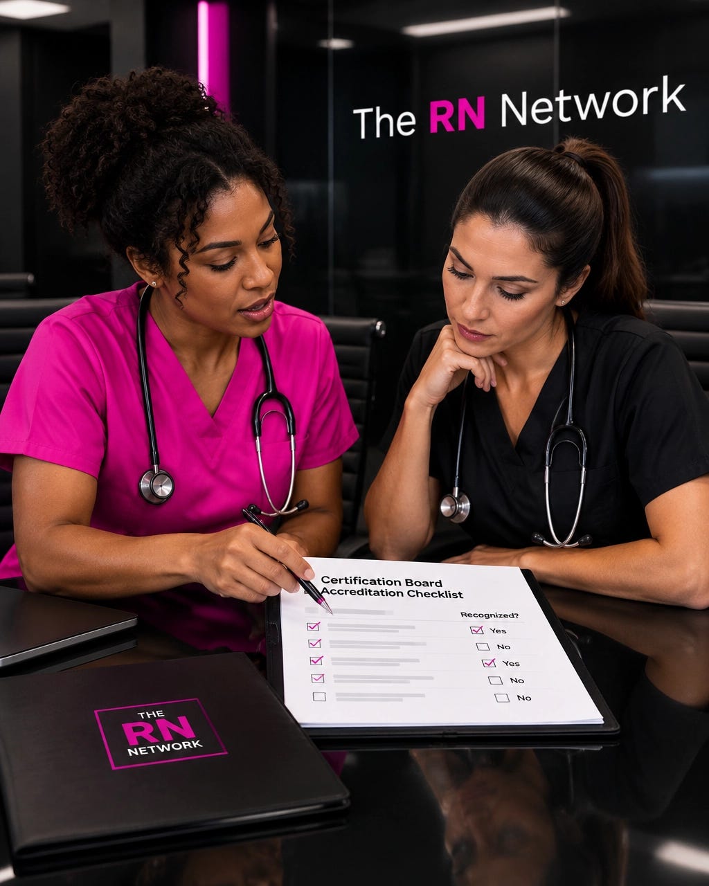 Registered nurse comparing specialty nursing certification postings and a résumé