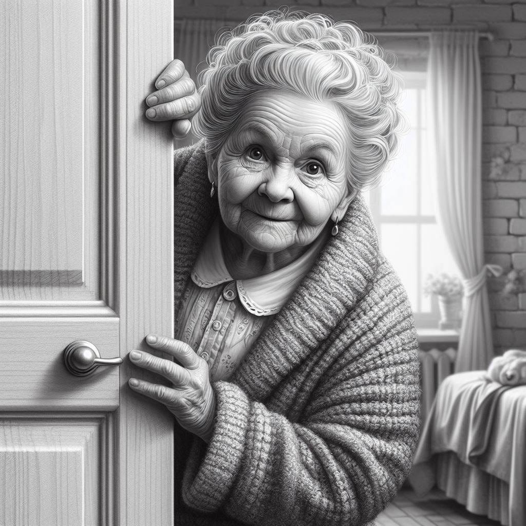 crea la imagen de una señora mayor con bata de estar en casa, medio un poco gorda y con cabello corto asomándose dentrode una habitación de forma realista y en blanco y negro