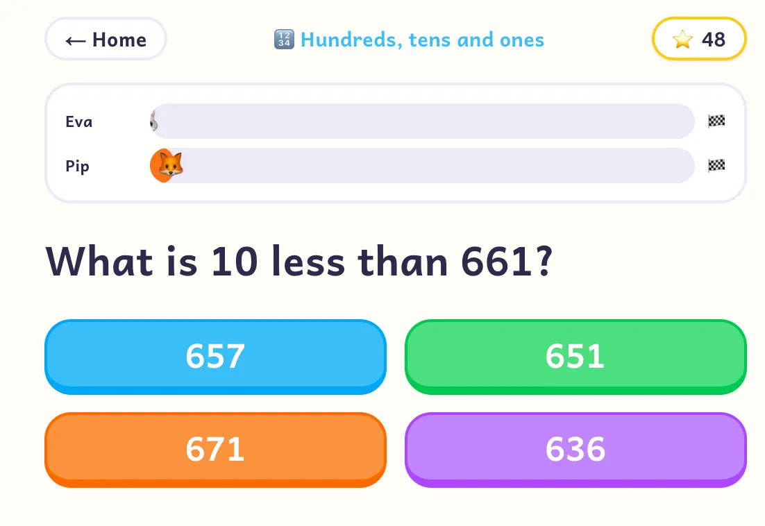 Race mode where every correct answer moves the player one step closer to the flag against Pip the fox Race mode where every correct answer moves the player one step closer to the flag against Pip the fox
