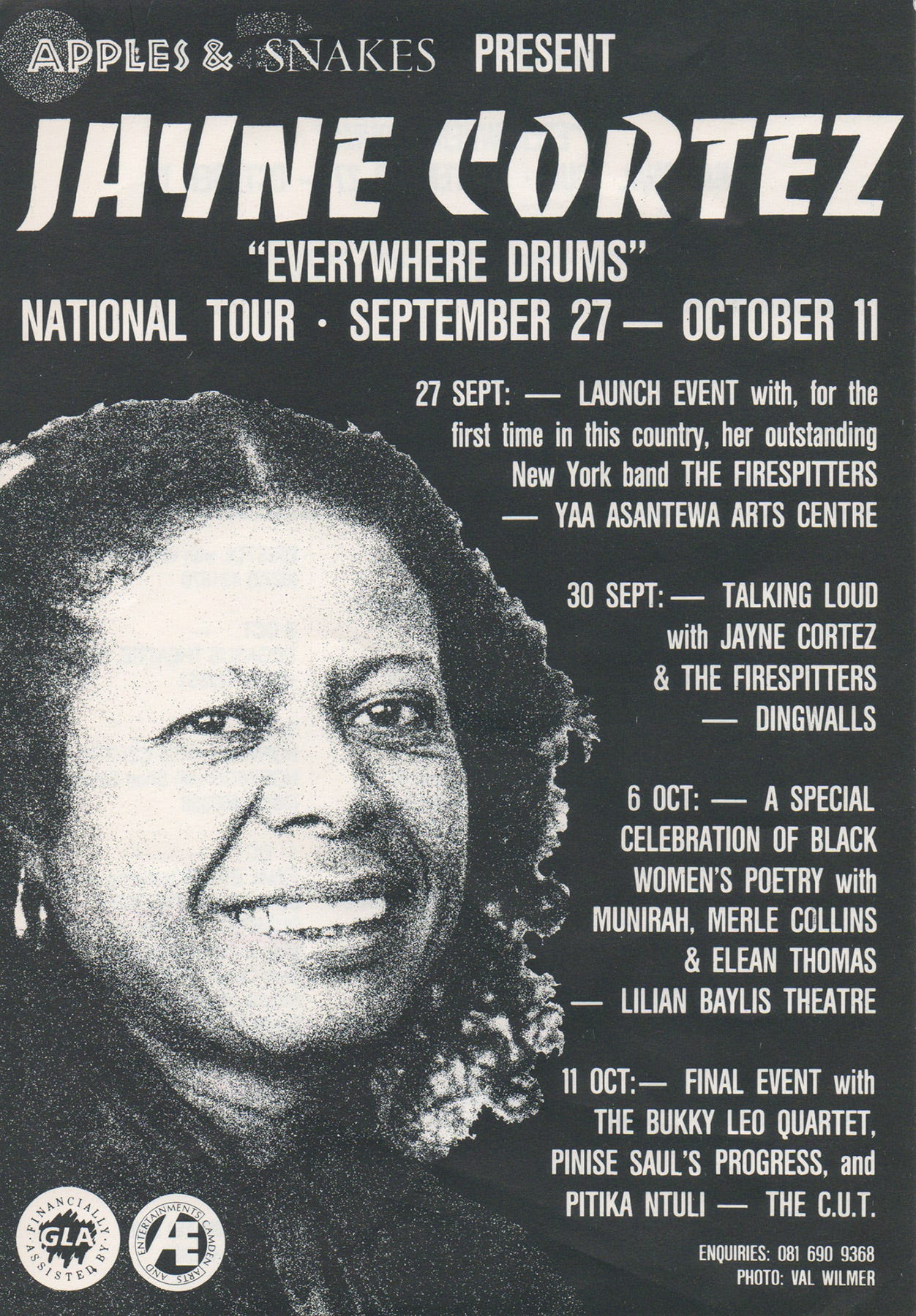 Apples & Snakes present Jayne Cortez: ‘Everywhere Drums’, National Tour, September 27 – October 11, 1990 [Spoken Word Archive, London (CC BY-NC-ND 4.0)]